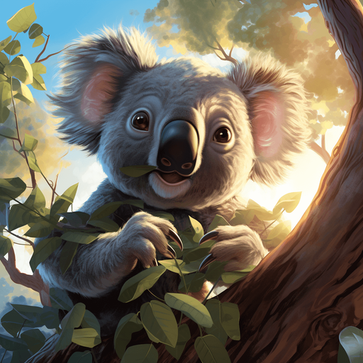 a cartoon illustration of a koala in a tree eating