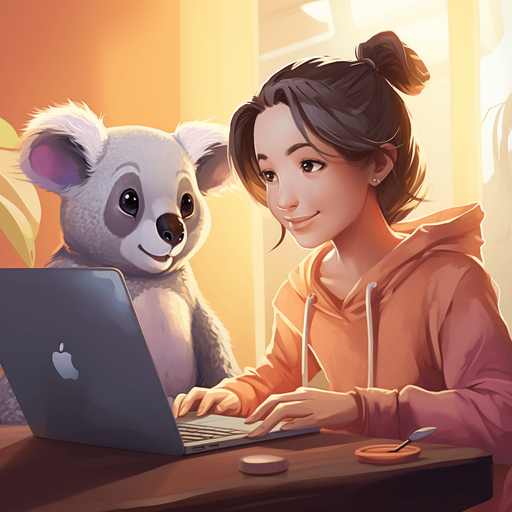a koala in a friendly and helpful posture. The Koala is standing next to and teaching a woman who is coding on a computer and shows positive signs of learning and understanding what is being explained.