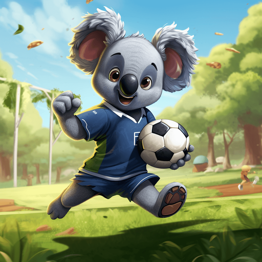a cute cartoon koala kicking a soccer ball on a soccer field