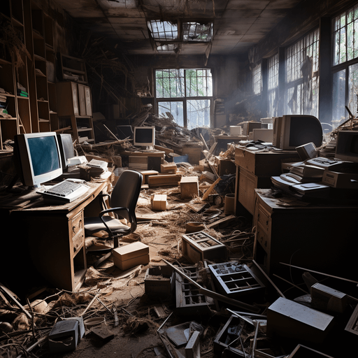 an office full of laptops and other office equipment that look like it was abandoned in a rush out of the building in an emergency years ago.